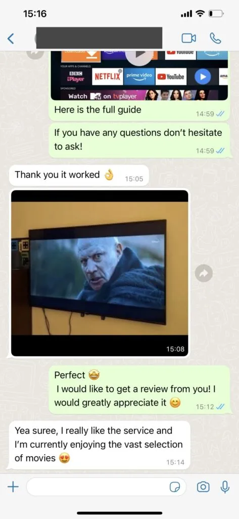 Capture écran conversation WhatsApp support Kilarix IPTV 1